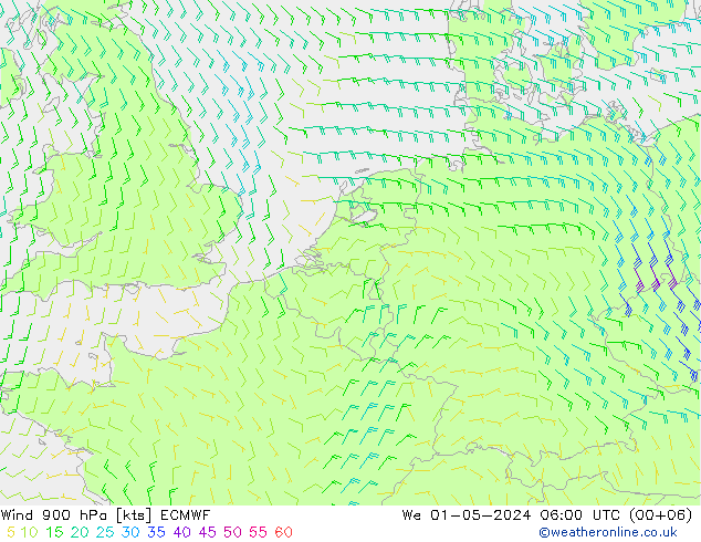 Wind 900 hPa ECMWF Mi 01.05.2024 06 UTC