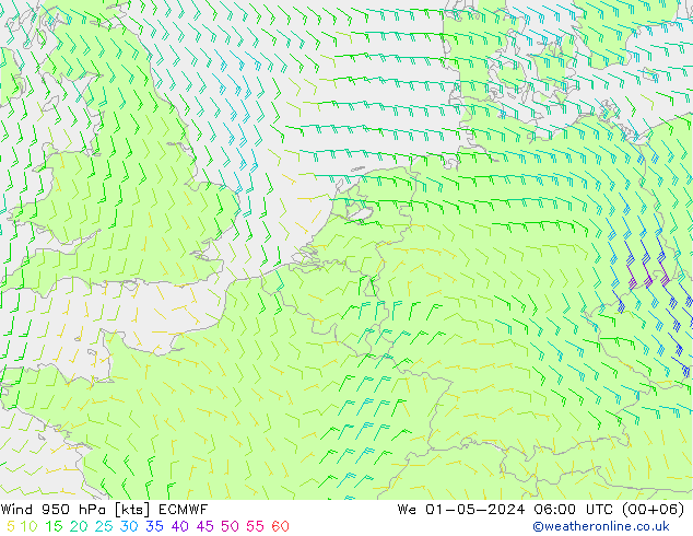 Vento 950 hPa ECMWF mer 01.05.2024 06 UTC