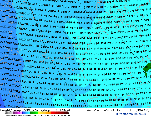 Z500/Rain (+SLP)/Z850 ECMWF Mi 01.05.2024 12 UTC