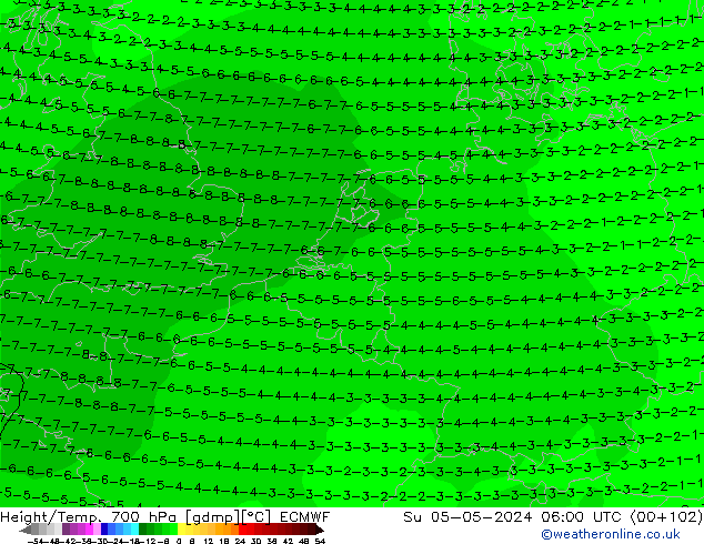 Geop./Temp. 700 hPa ECMWF dom 05.05.2024 06 UTC