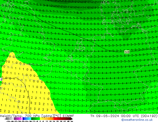 Hoogte/Temp. 700 hPa ECMWF do 09.05.2024 00 UTC