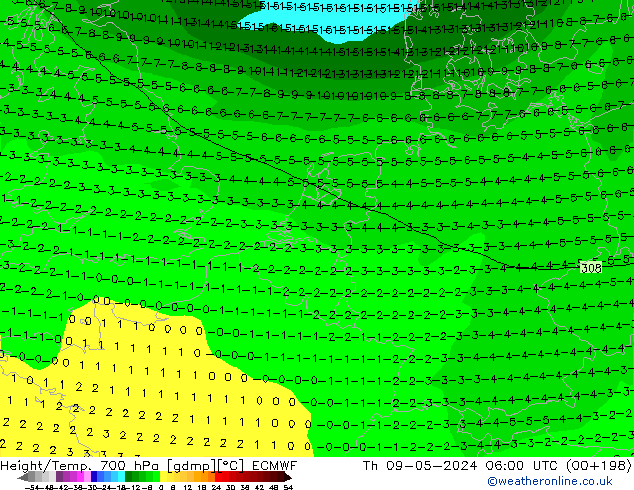 Height/Temp. 700 hPa ECMWF Th 09.05.2024 06 UTC