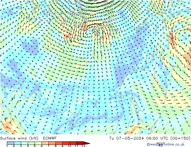 Rüzgar 10 m (bft) ECMWF Sa 07.05.2024 06 UTC