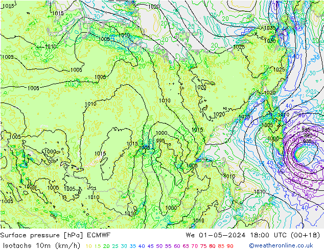 Isotachs (kph) ECMWF  01.05.2024 18 UTC