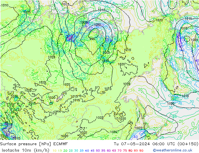 Eşrüzgar Hızları (km/sa) ECMWF Sa 07.05.2024 06 UTC