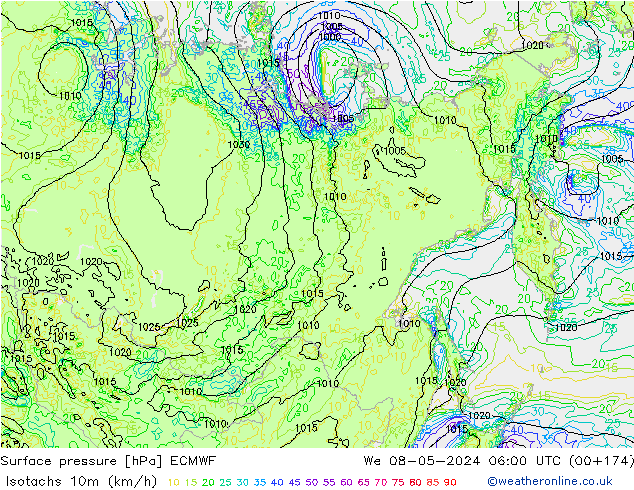 Isotachs (kph) ECMWF ср 08.05.2024 06 UTC