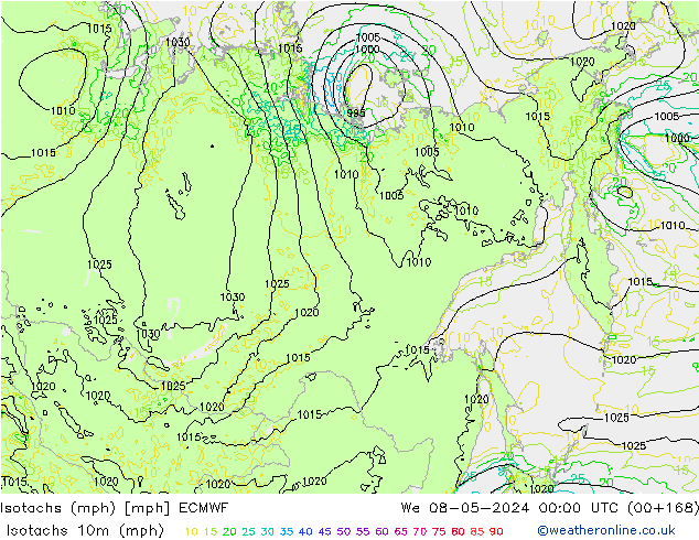 Eşrüzgar Hızları mph ECMWF Çar 08.05.2024 00 UTC