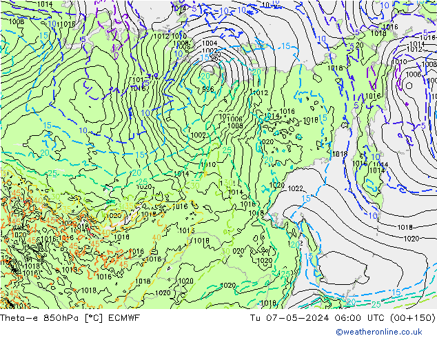 Theta-e 850hPa ECMWF Sa 07.05.2024 06 UTC