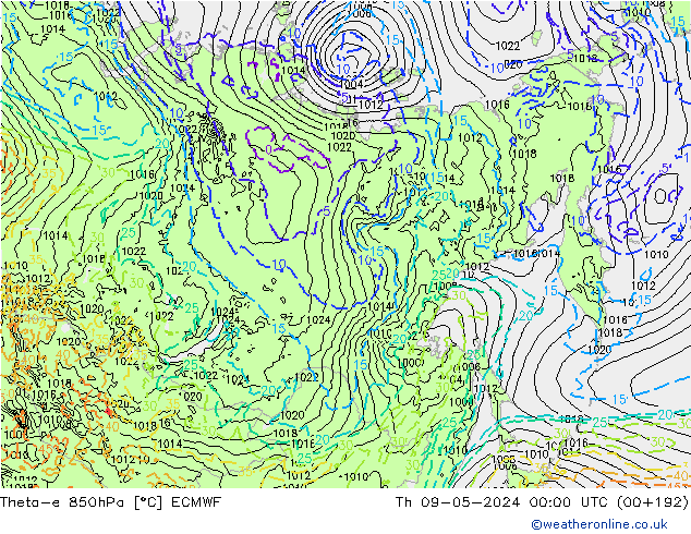 Theta-e 850hPa ECMWF Th 09.05.2024 00 UTC