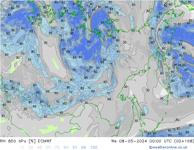 Humidité rel. 850 hPa ECMWF mer 08.05.2024 00 UTC