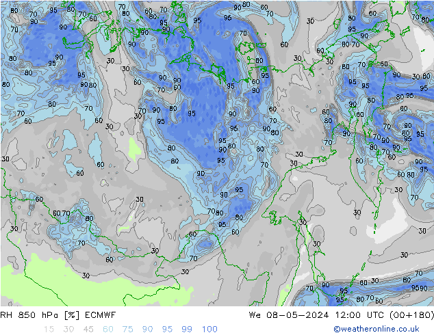 850 hPa Nispi Nem ECMWF Çar 08.05.2024 12 UTC