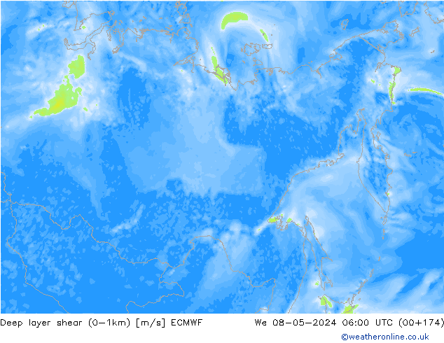 Deep layer shear (0-1km) ECMWF ср 08.05.2024 06 UTC