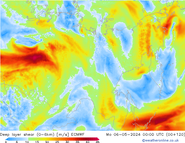 Deep layer shear (0-6km) ECMWF Mo 06.05.2024 00 UTC