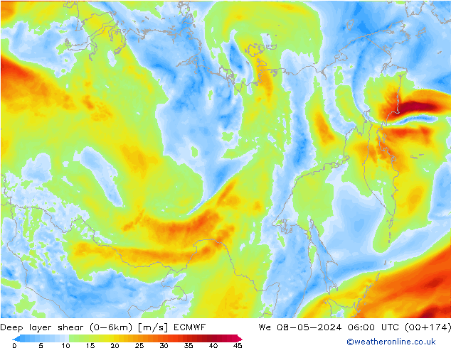 Deep layer shear (0-6km) ECMWF ср 08.05.2024 06 UTC