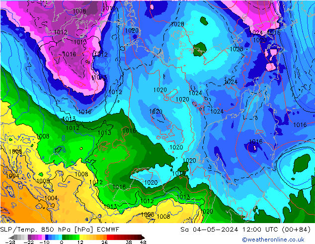 SLP/Temp. 850 hPa ECMWF Sáb 04.05.2024 12 UTC