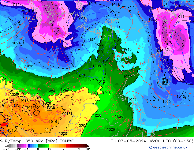 850 hPa Yer Bas./Sıc ECMWF Sa 07.05.2024 06 UTC