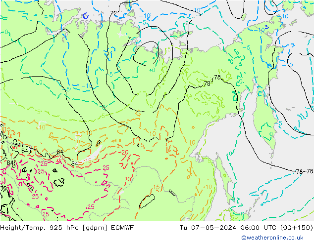 Yükseklik/Sıc. 925 hPa ECMWF Sa 07.05.2024 06 UTC