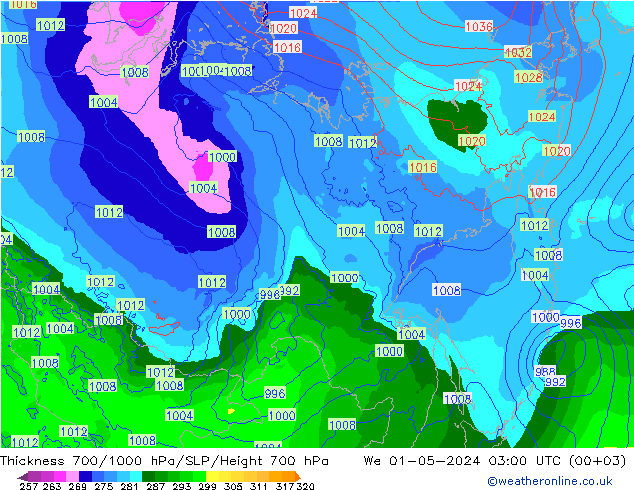 Dikte700-1000 hPa ECMWF wo 01.05.2024 03 UTC