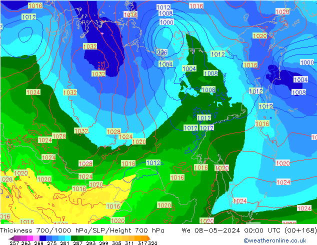 Thck 700-1000 hPa ECMWF Qua 08.05.2024 00 UTC