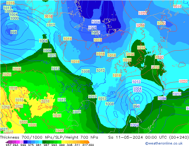 Espesor 700-1000 hPa ECMWF sáb 11.05.2024 00 UTC