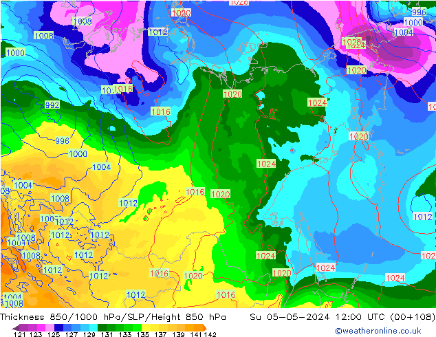 Dikte 850-1000 hPa ECMWF zo 05.05.2024 12 UTC