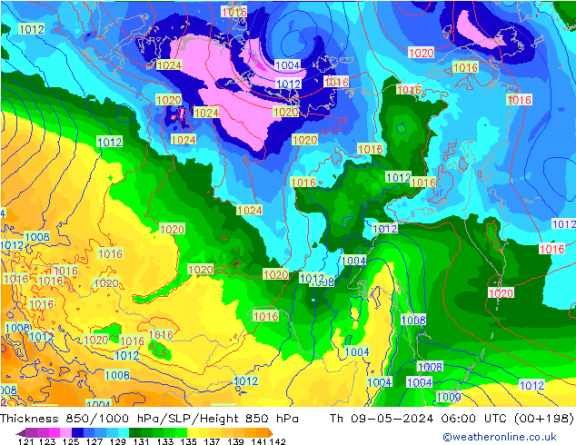 Dikte 850-1000 hPa ECMWF do 09.05.2024 06 UTC