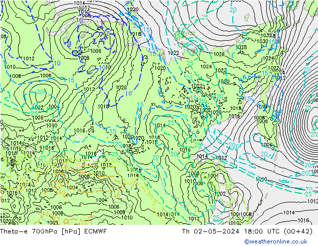 Theta-e 700hPa ECMWF czw. 02.05.2024 18 UTC