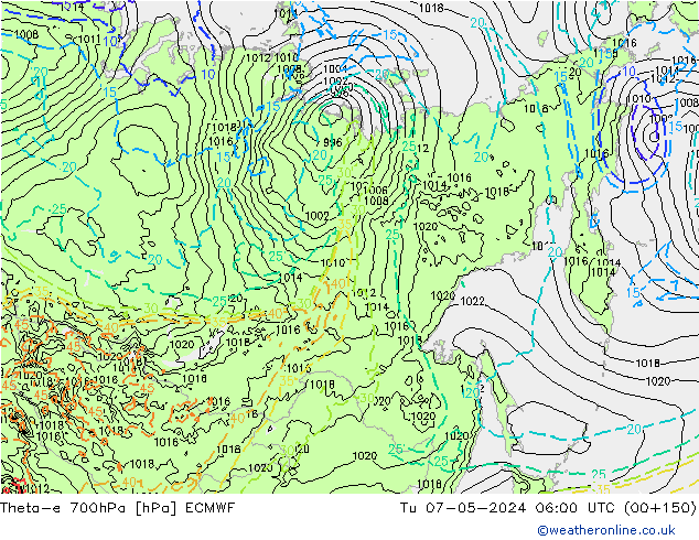 Theta-e 700hPa ECMWF Sa 07.05.2024 06 UTC