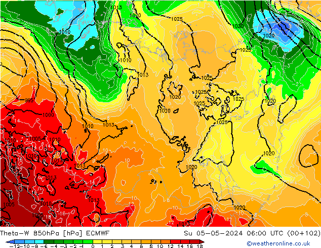 Theta-W 850гПа ECMWF Вс 05.05.2024 06 UTC