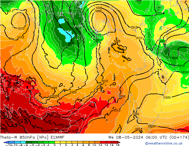 Theta-W 850гПа ECMWF ср 08.05.2024 06 UTC