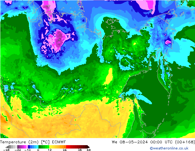 mapa temperatury (2m) ECMWF śro. 08.05.2024 00 UTC