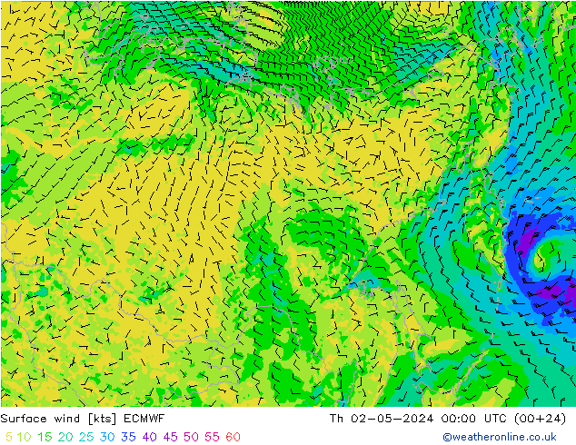 Vento 10 m ECMWF Qui 02.05.2024 00 UTC