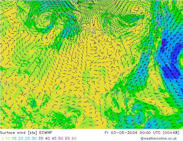 Viento 10 m ECMWF vie 03.05.2024 00 UTC