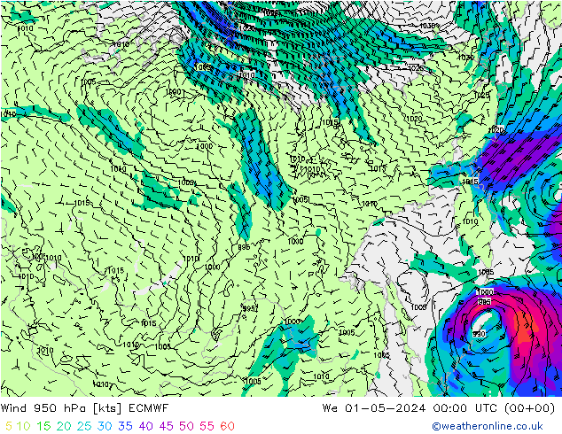 Wind 950 hPa ECMWF We 01.05.2024 00 UTC