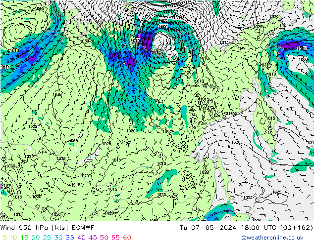 Rüzgar 950 hPa ECMWF Sa 07.05.2024 18 UTC