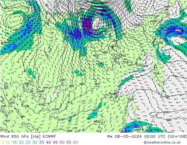 Vento 950 hPa ECMWF Qua 08.05.2024 00 UTC