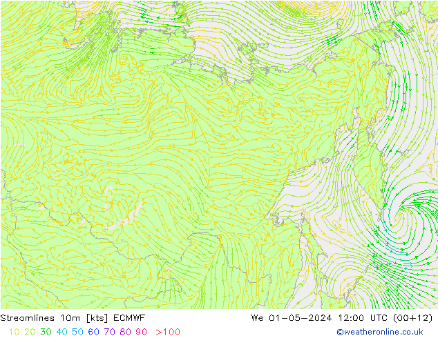 Streamlines 10m ECMWF We 01.05.2024 12 UTC