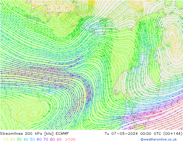 Streamlines 200 hPa ECMWF Út 07.05.2024 00 UTC