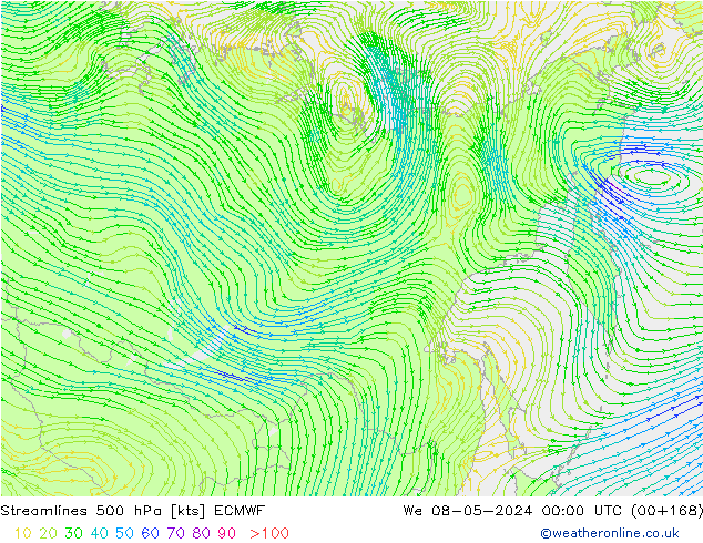 Linia prądu 500 hPa ECMWF śro. 08.05.2024 00 UTC