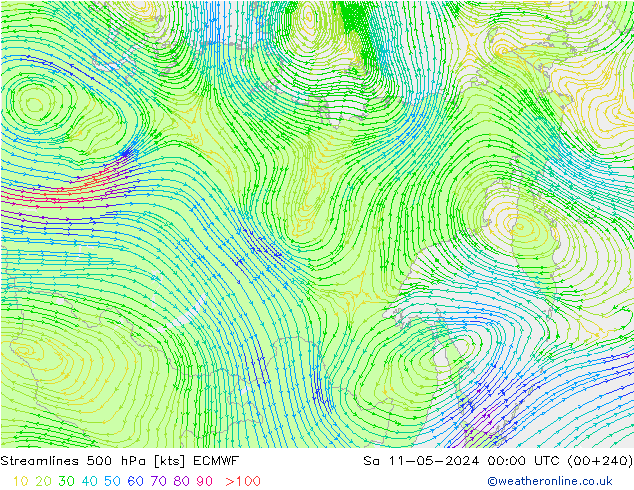 Linia prądu 500 hPa ECMWF so. 11.05.2024 00 UTC