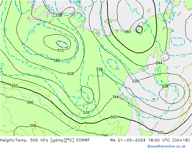 Z500/Rain (+SLP)/Z850 ECMWF Qua 01.05.2024 18 UTC