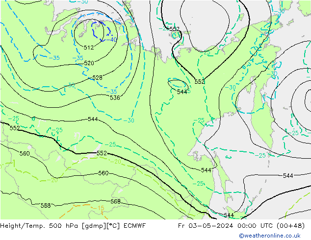 Z500/Rain (+SLP)/Z850 ECMWF ven 03.05.2024 00 UTC