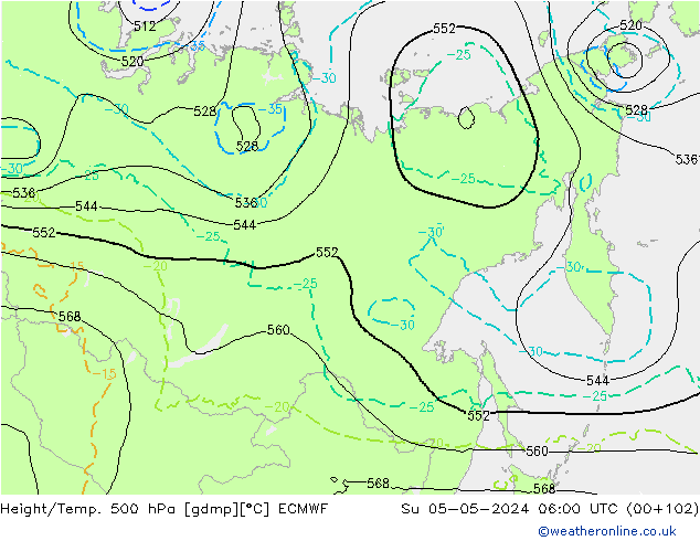 Z500/Rain (+SLP)/Z850 ECMWF nie. 05.05.2024 06 UTC