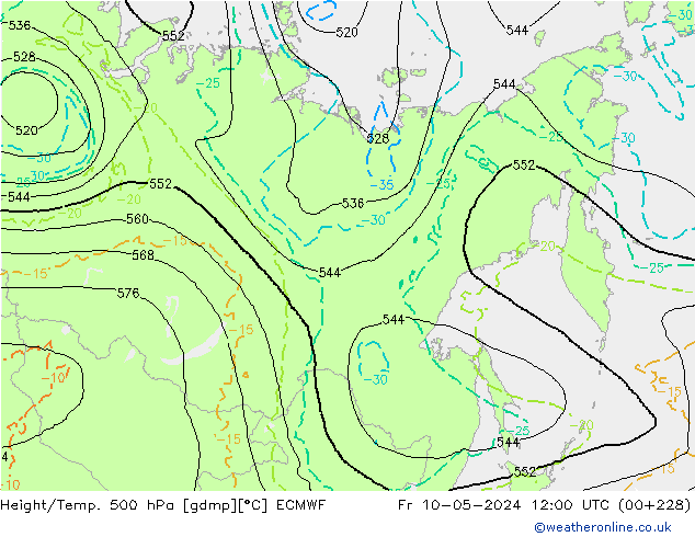 Z500/Rain (+SLP)/Z850 ECMWF Fr 10.05.2024 12 UTC