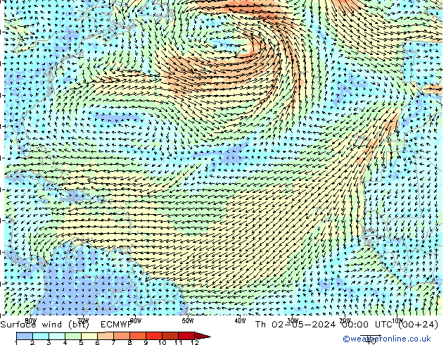 Viento 10 m (bft) ECMWF jue 02.05.2024 00 UTC