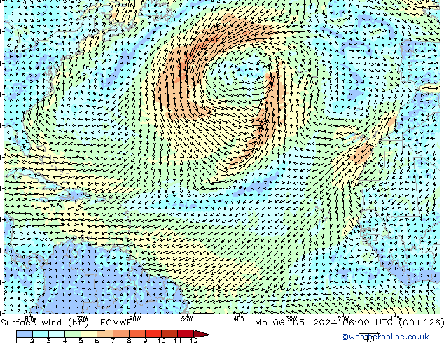 Surface wind (bft) ECMWF Po 06.05.2024 06 UTC