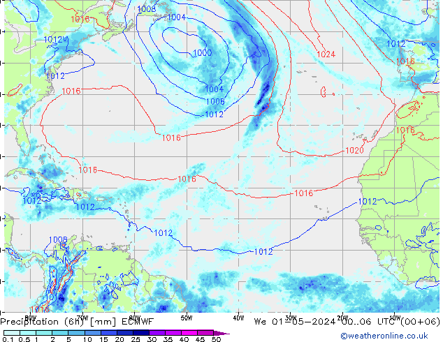 Totale neerslag (6h) ECMWF wo 01.05.2024 06 UTC