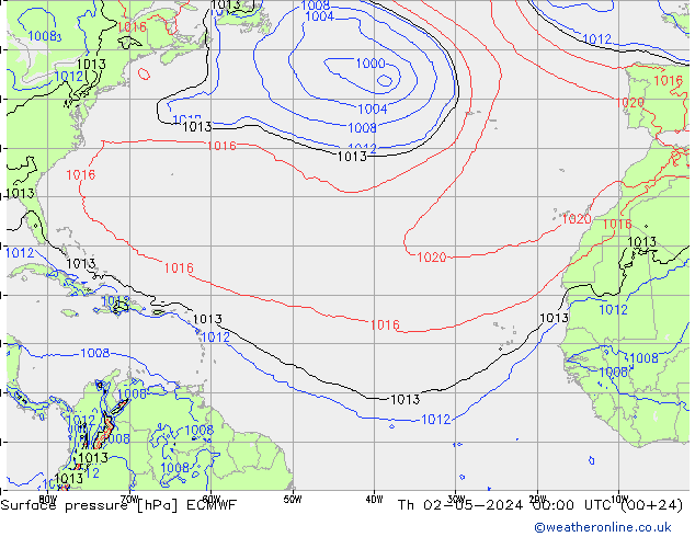 Presión superficial ECMWF jue 02.05.2024 00 UTC