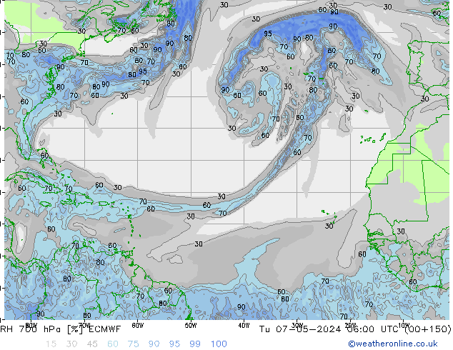 RH 700 hPa ECMWF Ter 07.05.2024 06 UTC