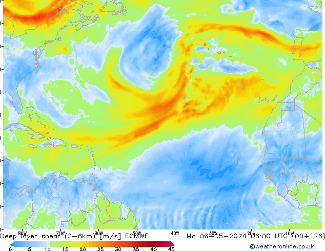 Deep layer shear (0-6km) ECMWF Po 06.05.2024 06 UTC